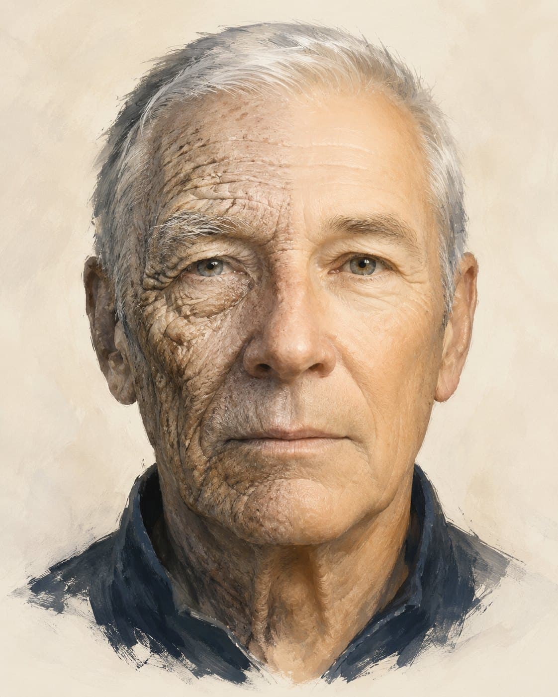 One side of a face shows decades of sun damage the other was shielded from.